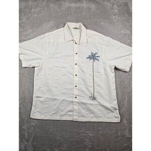 Paradise Collection Hawaiian Shirt Mens XXL Cream Palm Tree Embroidered Rayon